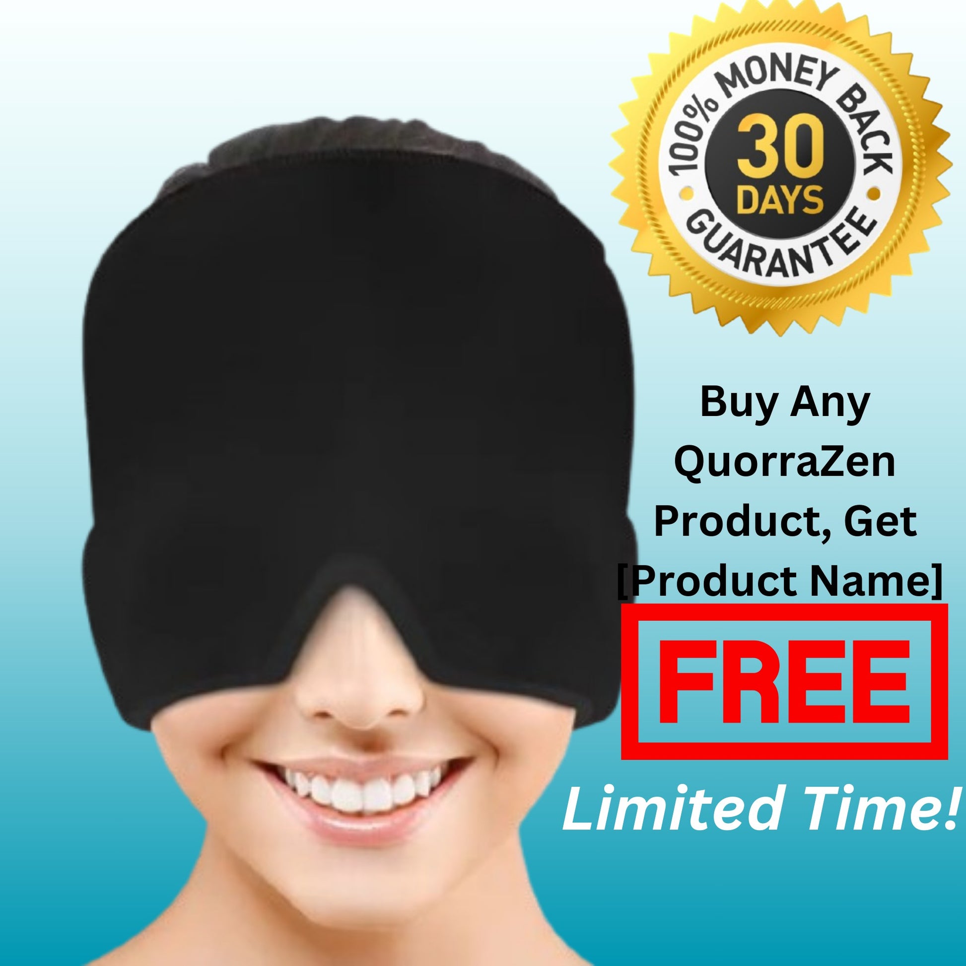 User wearing the Quorrazen™ migraine relief cap for tension headache relief.