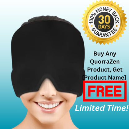 User wearing the Quorrazen™ migraine relief cap for tension headache relief.