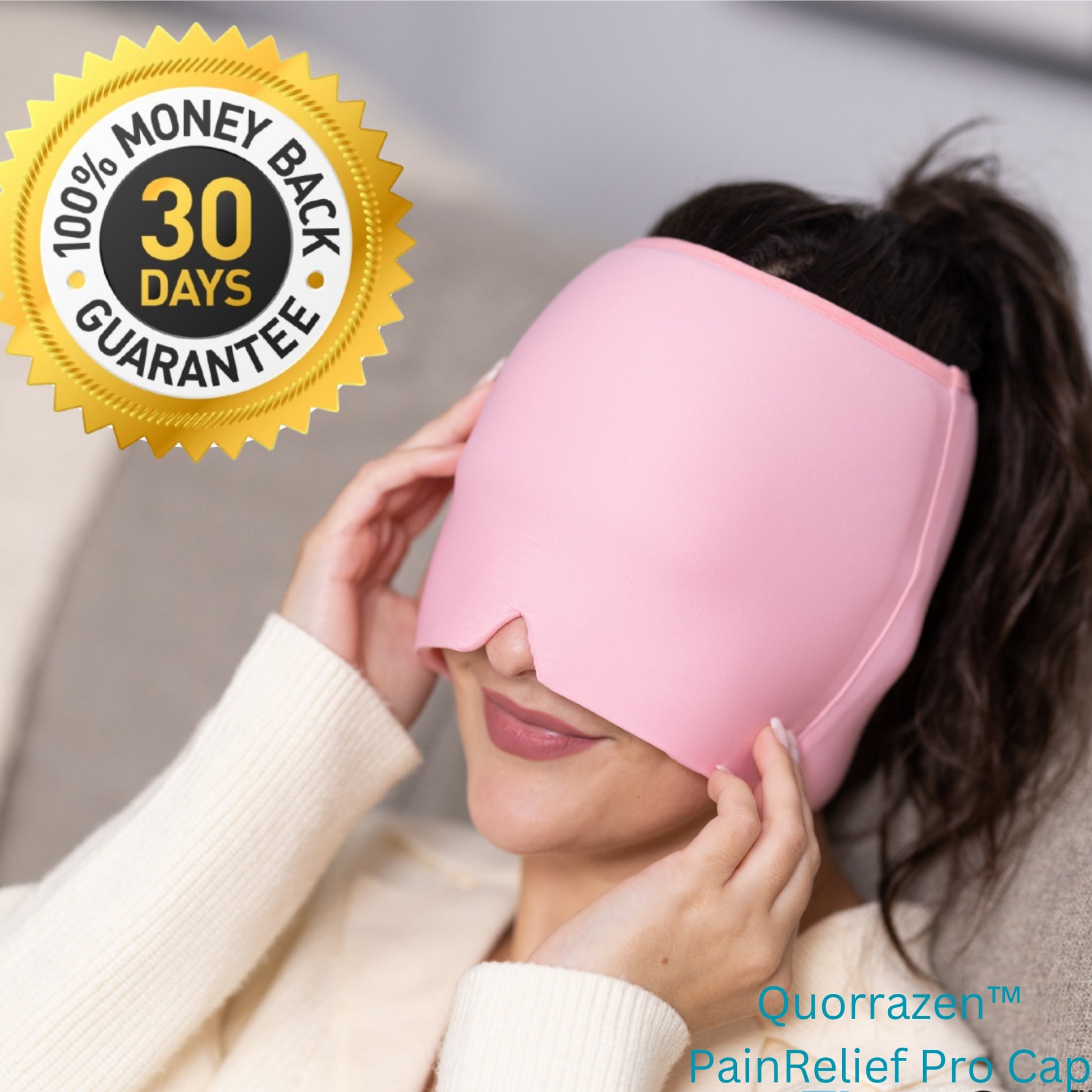 Quorrazen™ migraine relief cap providing cold therapy for headaches.