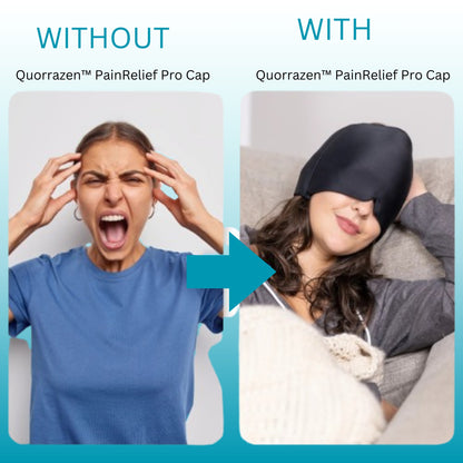  QuorraZen™ migraine relief cap being placed in a freezer for cold therapy activation.