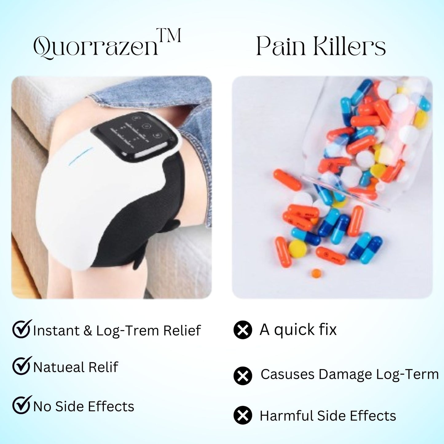 Person using the Quorrazen™ Knee Pain Relief Device for quick pain relief.